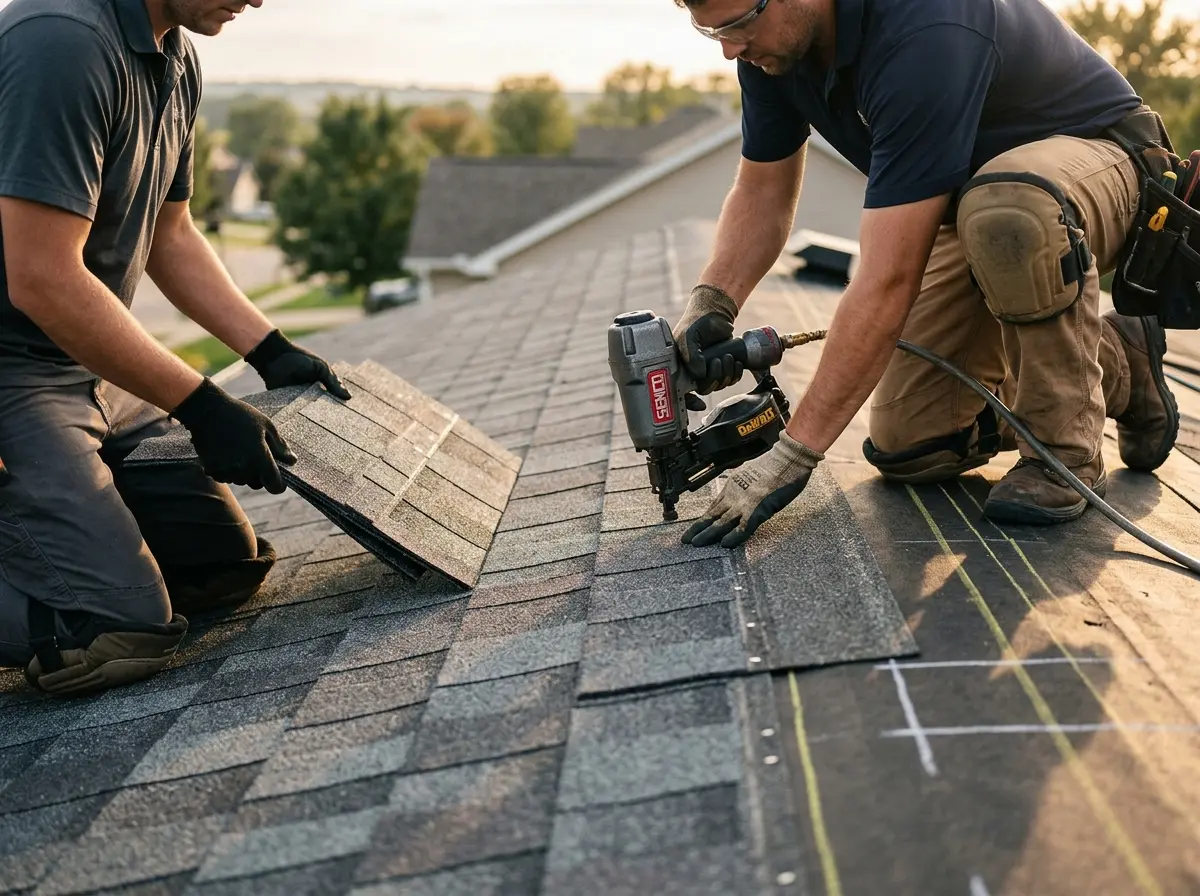 Professional roofer working on a residential roof in Quantico Base